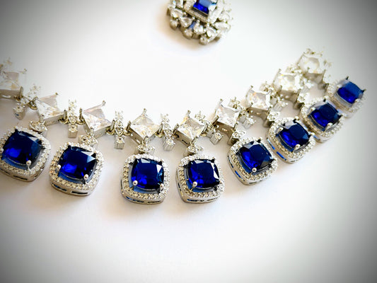 Premium Royal Blue Sapphire CZ Statement Necklace Set