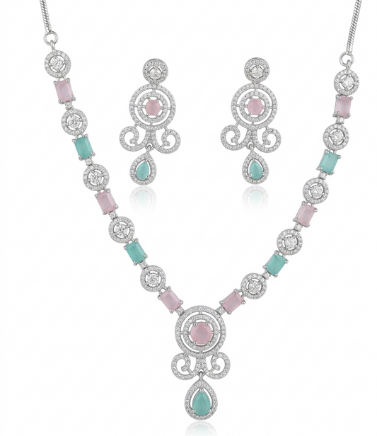 Contemporary Dual-Tone Rhodium Plated CZ Pendant Set with Mint & Blush Drops