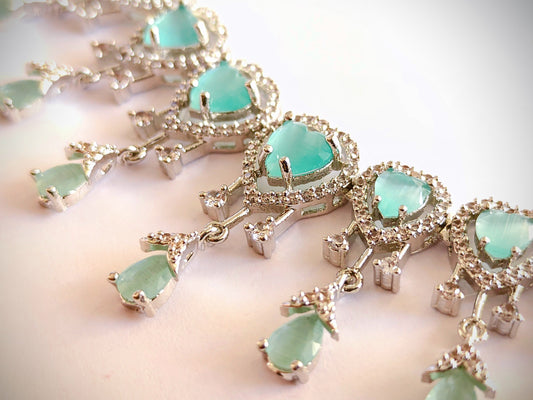 Premium Mint Green Heart CZ Necklace Set in Rhodium