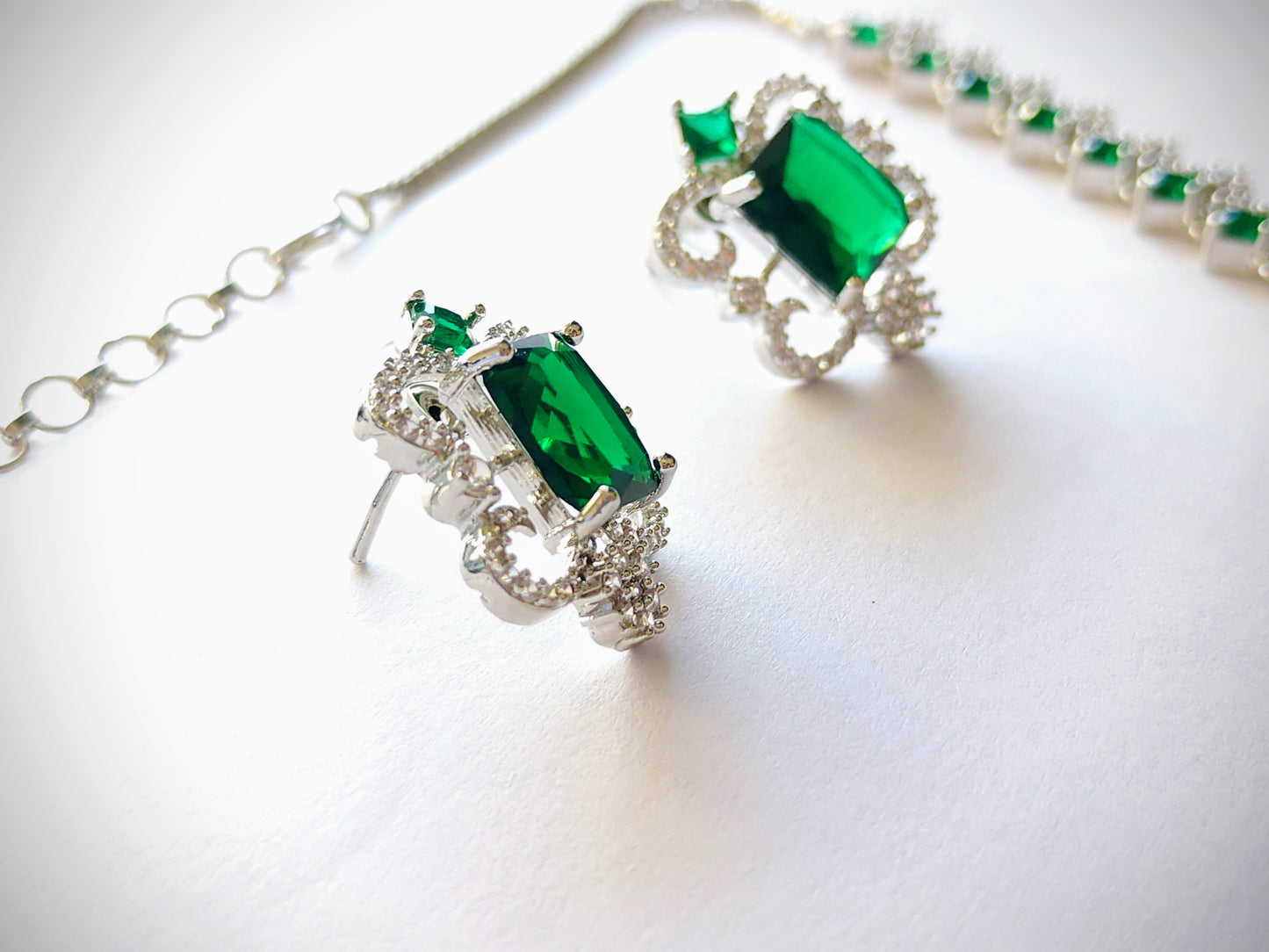 Royal Green & Rhodium AD Statement Necklace Set [Nita Ambani Inspired]