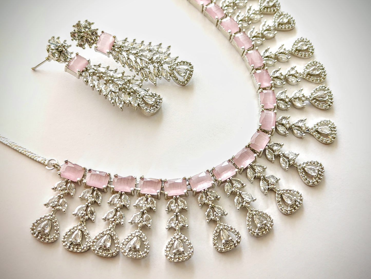 Cascading Blush Pink CZ Statement Necklace with Drop Earrings
