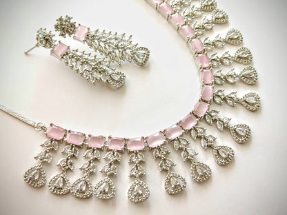 Cascading Blush Pink CZ Statement Necklace with Drop Earrings