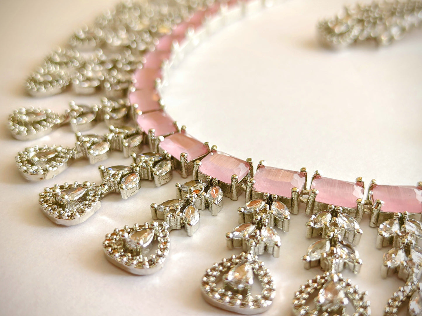 Cascading Blush Pink CZ Statement Necklace with Drop Earrings