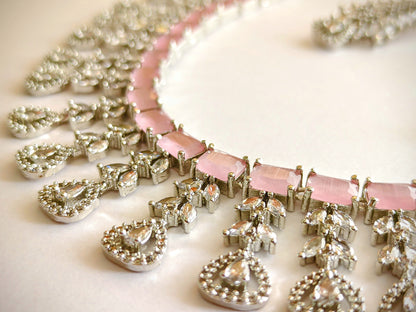 Cascading Blush Pink CZ Statement Necklace with Drop Earrings
