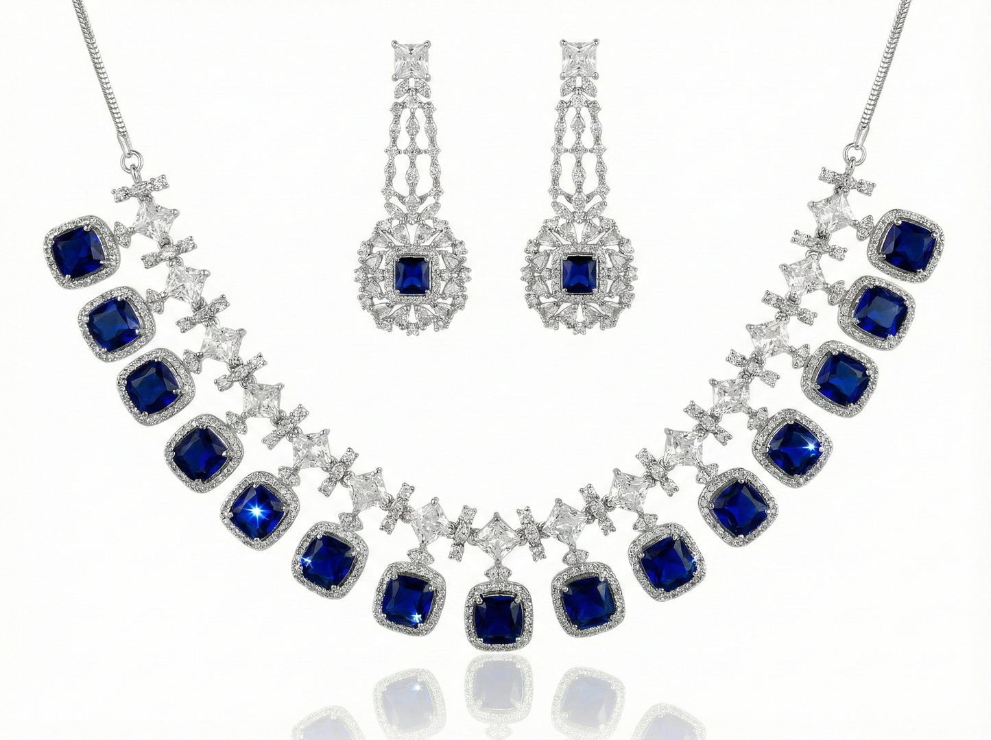 Premium Royal Blue Sapphire CZ Statement Necklace Set