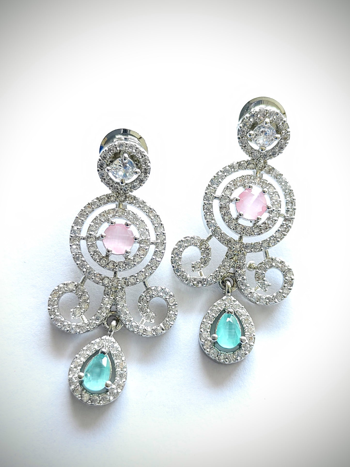 Contemporary Dual-Tone Rhodium Plated CZ Pendant Set with Mint & Blush Drops