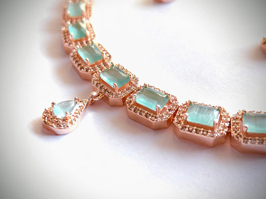 Elegant Emerald-Cut Mint CZ Necklace in Rose Gold Finish