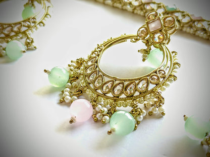 Pastel Pink & Mint Kundan Mehndi Polki Choker Set with Chandbali Earrings [with Maang Tikka]