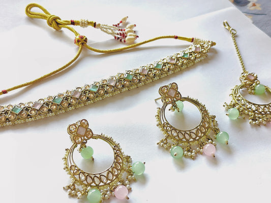 Pastel Pink & Mint Kundan Mehndi Polki Choker Set with Chandbali Earrings [with Maang Tikka]