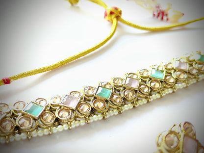 Pastel Pink & Mint Kundan Mehndi Polki Choker Set with Chandbali Earrings [with Maang Tikka]