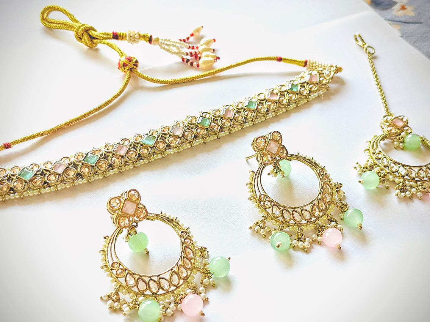 Pastel Pink & Mint Kundan Mehndi Polki Choker Set with Chandbali Earrings [with Maang Tikka]