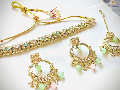 Pastel Pink & Mint Kundan Mehndi Polki Choker Set with Chandbali Earrings [with Maang Tikka]