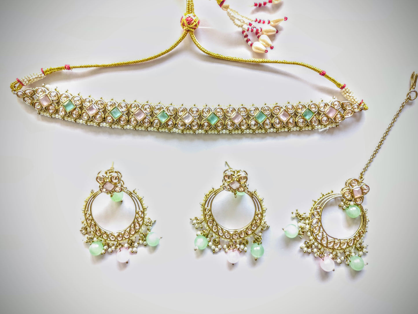 Pastel Pink & Mint Kundan Mehndi Polki Choker Set with Chandbali Earrings [with Maang Tikka]