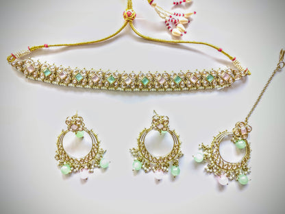 Pastel Pink & Mint Kundan Mehndi Polki Choker Set with Chandbali Earrings [with Maang Tikka]