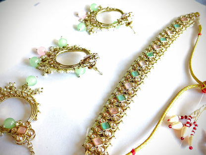 Pastel Pink & Mint Kundan Mehndi Polki Choker Set with Chandbali Earrings [with Maang Tikka]