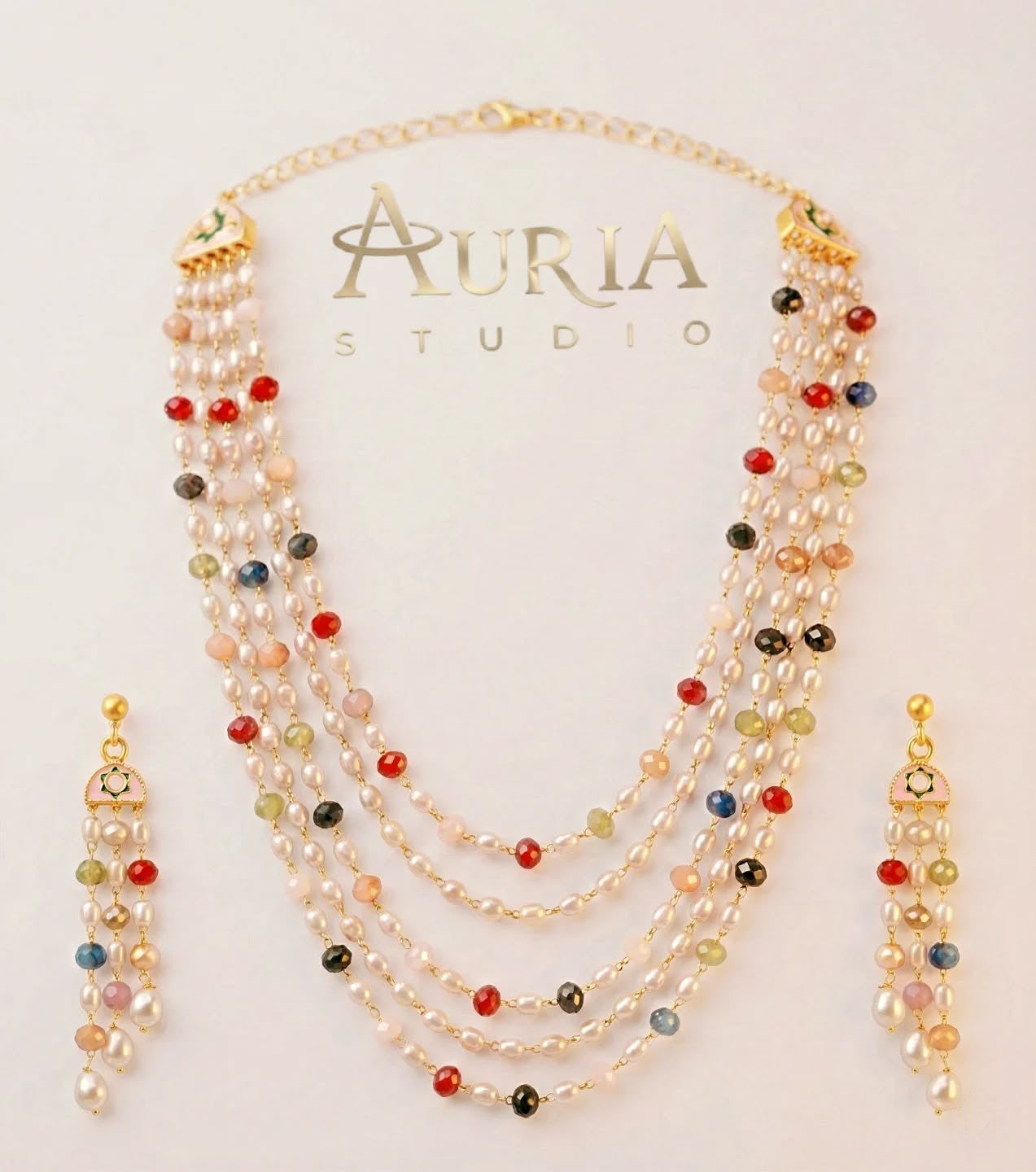 The Shahi Panchlada: 5-Layer Pearl & Vibrant Stone Mala Set