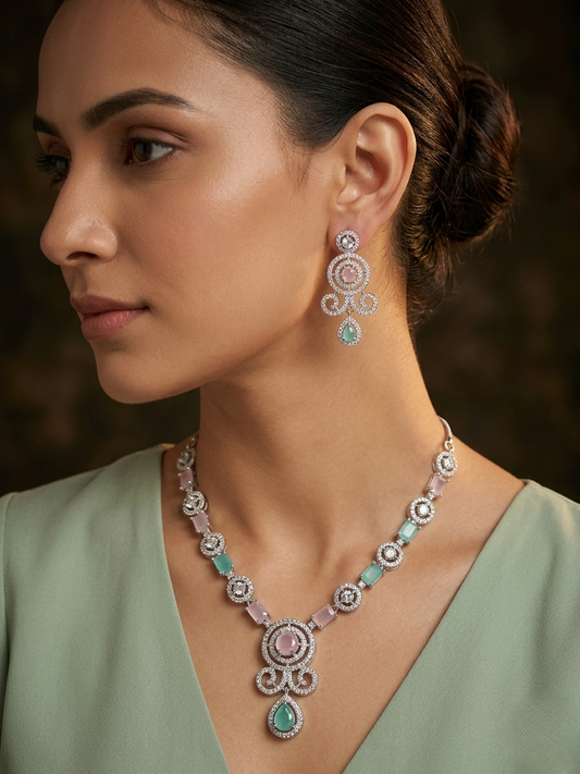 Contemporary Dual-Tone Rhodium Plated CZ Pendant Set with Mint & Blush Drops