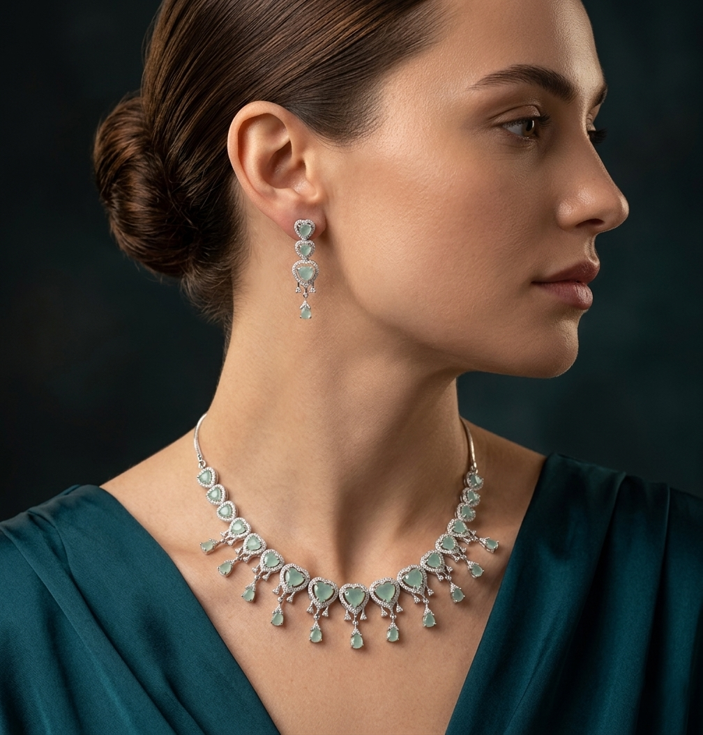 Premium Mint Green Heart CZ Necklace Set in Rhodium