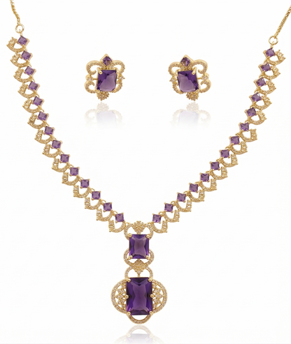 Royal Amethyst Purple & Rhodium AD Statement Necklace Set [Nita Ambani Inspired]