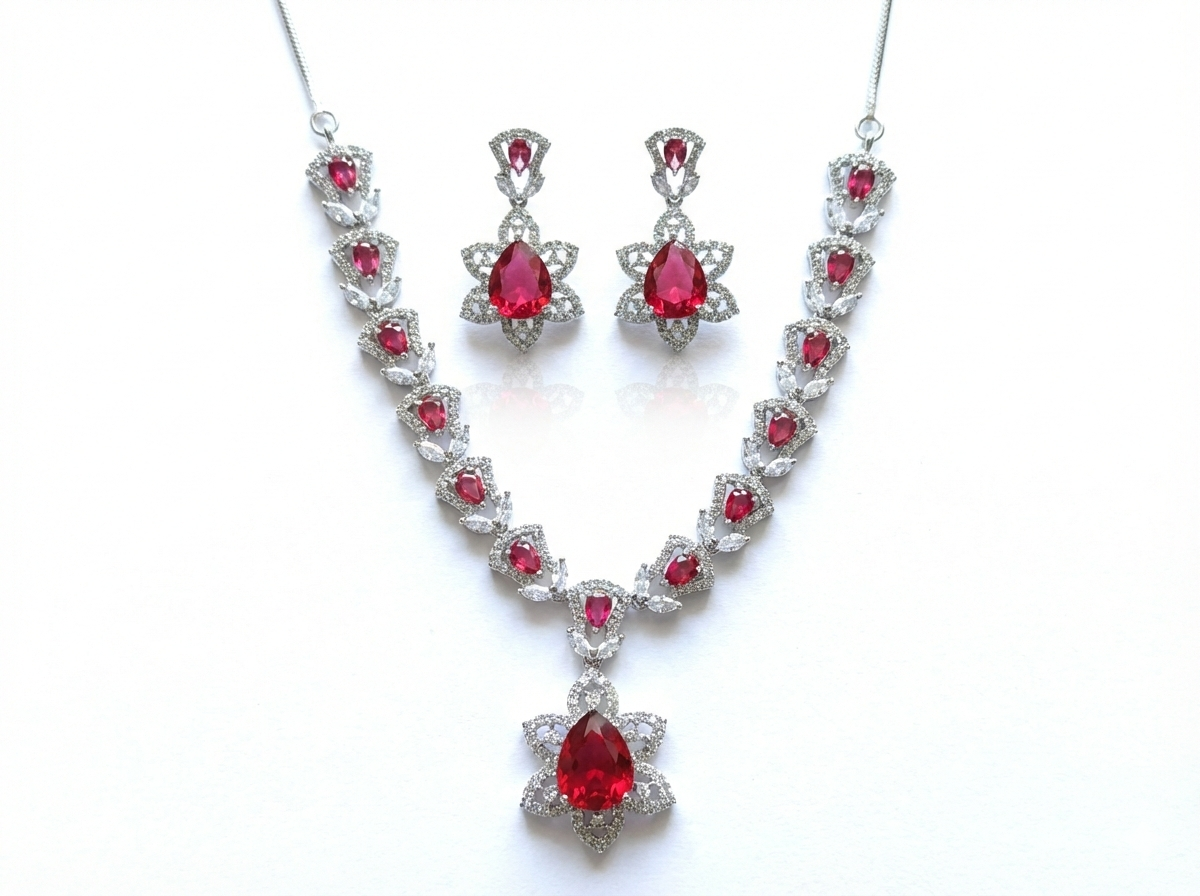 Ruby Red Radiant American Diamond (AD) Floral Necklace Set - Rhodium Plated