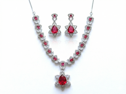 Ruby Red Radiant American Diamond (AD) Floral Necklace Set - Rhodium Plated