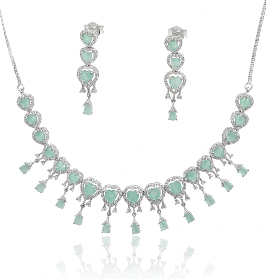 Premium Mint Green Heart CZ Necklace Set in Rhodium