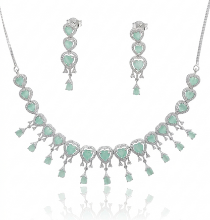 Premium Mint Green Heart CZ Necklace Set in Rhodium