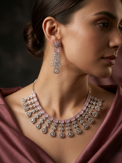 Cascading Blush Pink CZ Statement Necklace with Drop Earrings