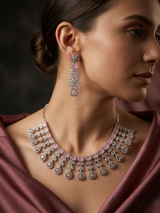 Cascading Blush Pink CZ Statement Necklace with Drop Earrings