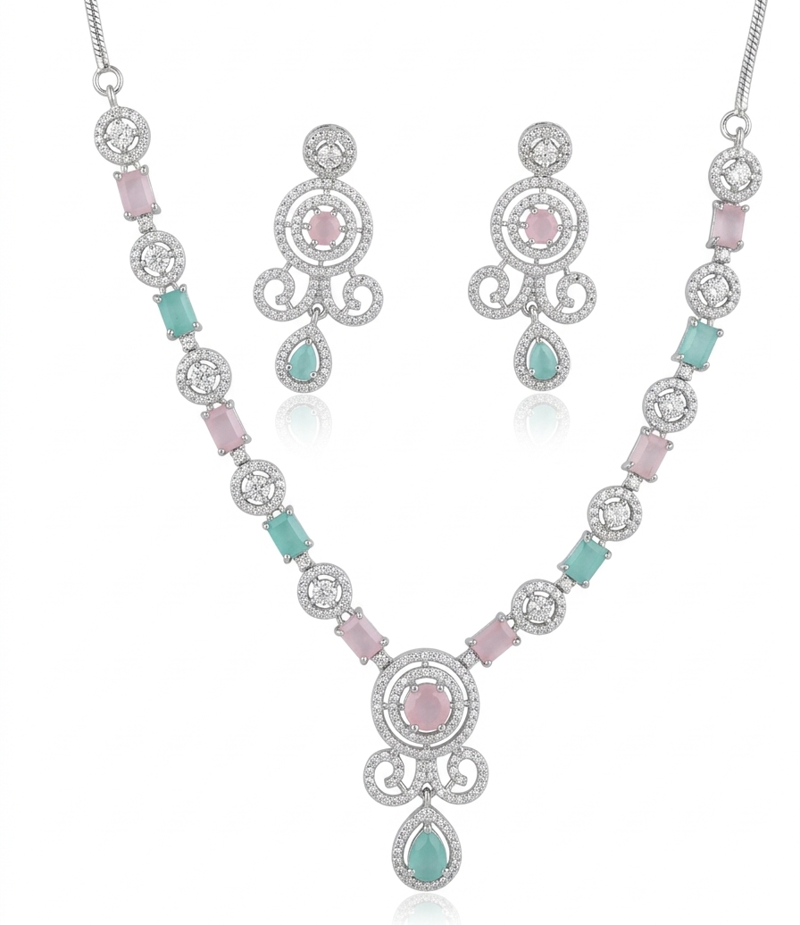 Contemporary Dual-Tone Rhodium Plated CZ Pendant Set with Mint & Blush Drops
