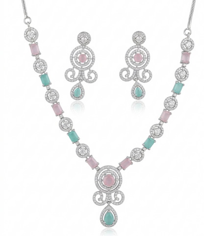 Contemporary Dual-Tone Rhodium Plated CZ Pendant Set with Mint & Blush Drops