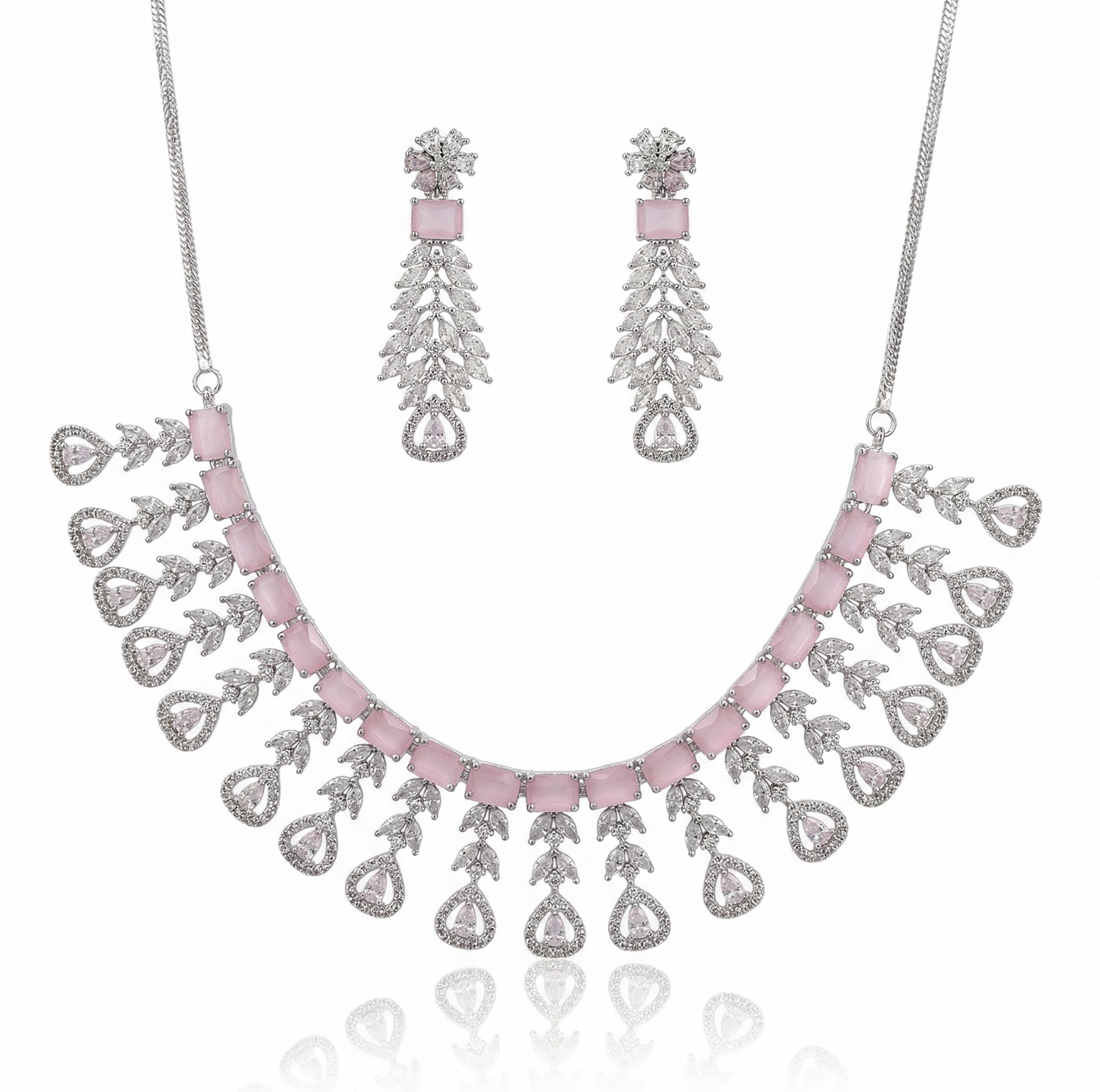 Cascading Blush Pink CZ Statement Necklace with Drop Earrings