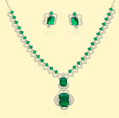 Royal Green & Rhodium AD Statement Necklace Set [Nita Ambani Inspired]