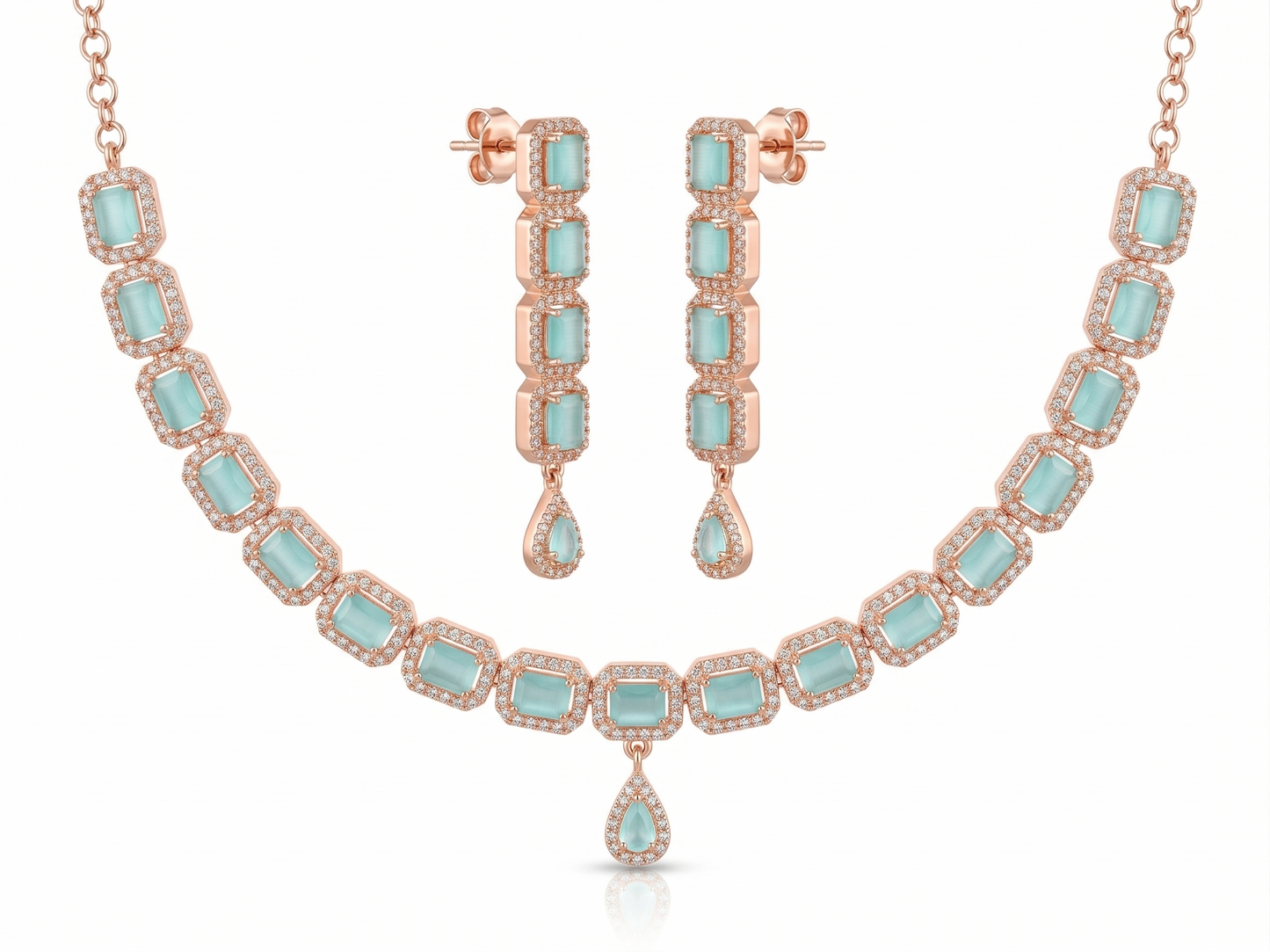 Elegant Emerald-Cut Mint CZ Necklace in Rose Gold Finish
