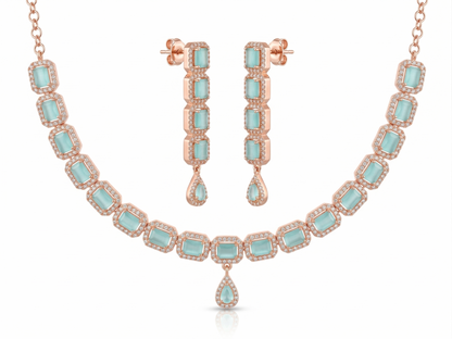 Elegant Emerald-Cut Mint CZ Necklace in Rose Gold Finish