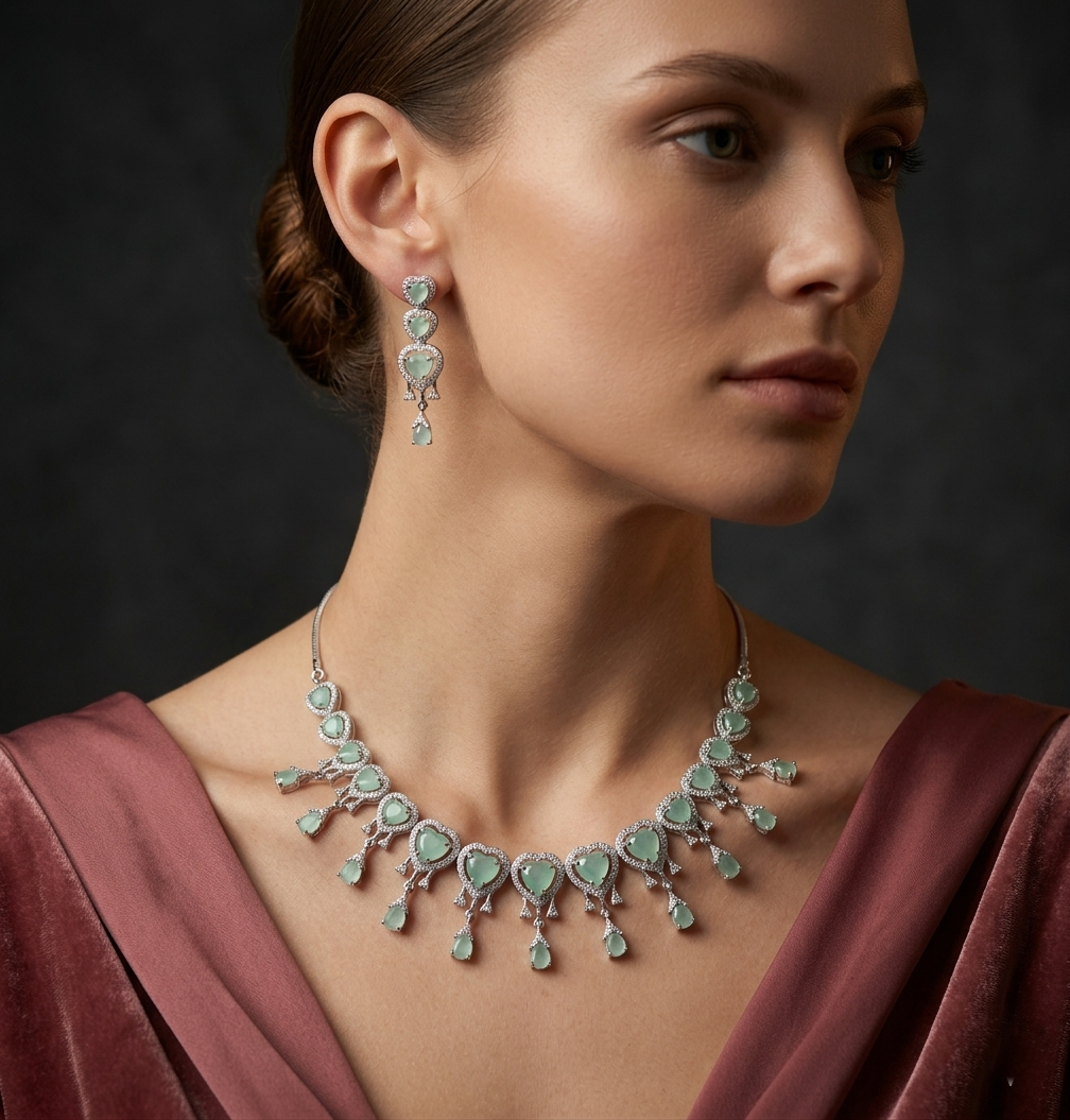 Premium Mint Green Heart CZ Necklace Set in Rhodium
