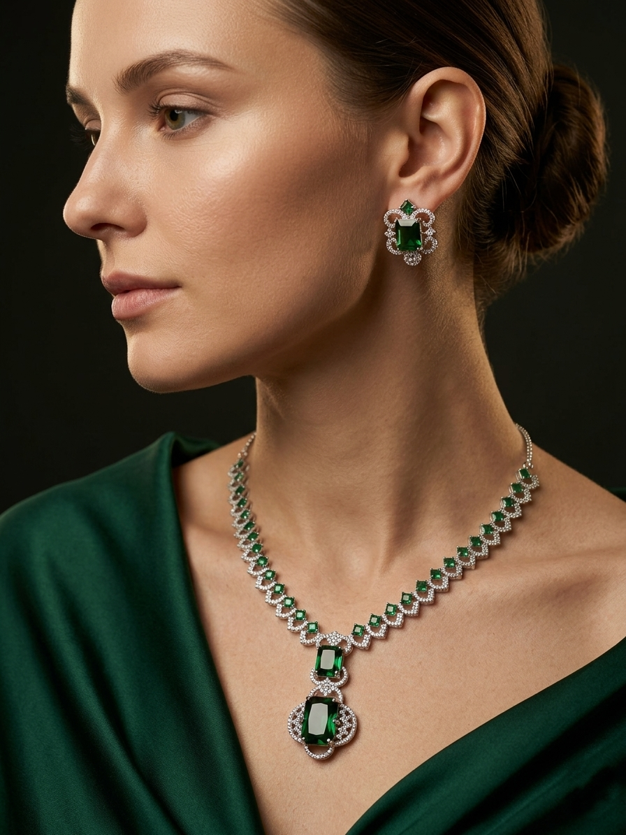 Royal Green & Rhodium AD Statement Necklace Set [Nita Ambani Inspired]