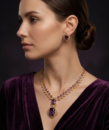 Royal Amethyst Purple & Rhodium AD Statement Necklace Set [Nita Ambani Inspired]