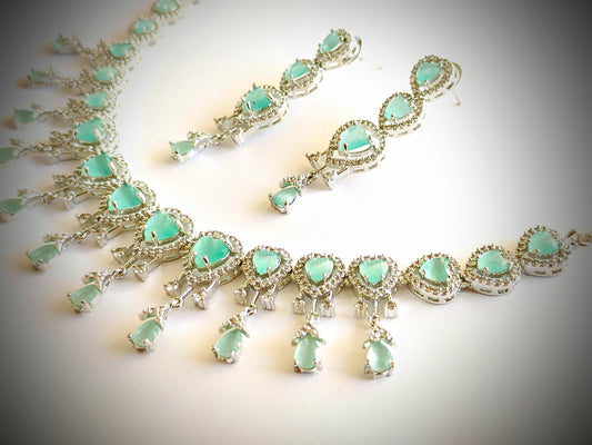 Premium Mint Green Heart CZ Necklace Set in Rhodium