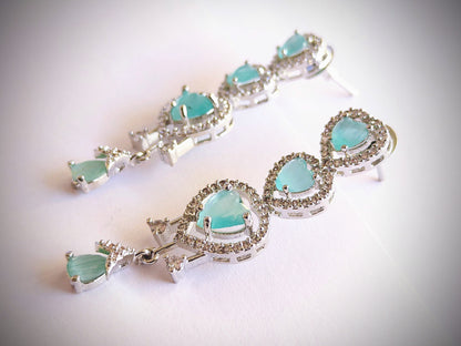 Premium Mint Green Heart CZ Necklace Set in Rhodium