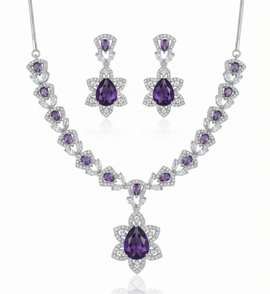 Royal Amethyst Radiant American Diamond (AD) Floral Necklace Set - Rhodium Plated