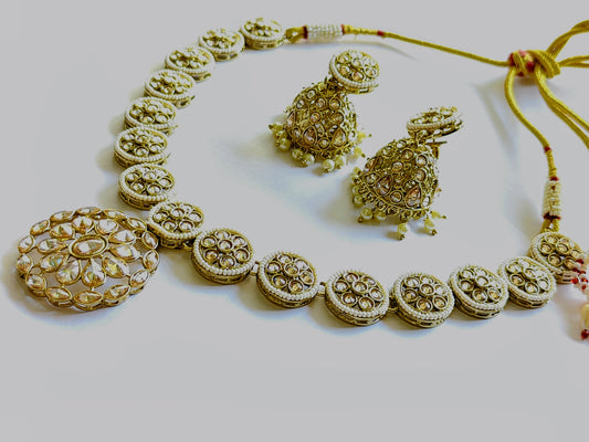 Traditional Kundan Polki Pearl Necklace Set with Jhumkas [Mehndi]