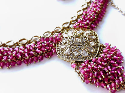 Premium Ruby Pink Polki Choker Set with Maang Tikka