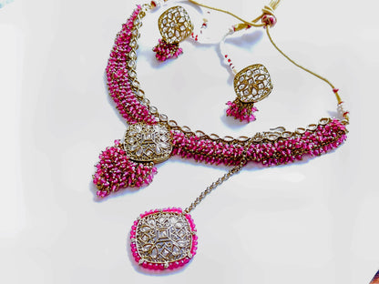 Premium Ruby Pink Polki Choker Set with Maang Tikka