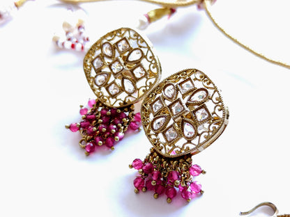 Premium Ruby Pink Polki Choker Set with Maang Tikka