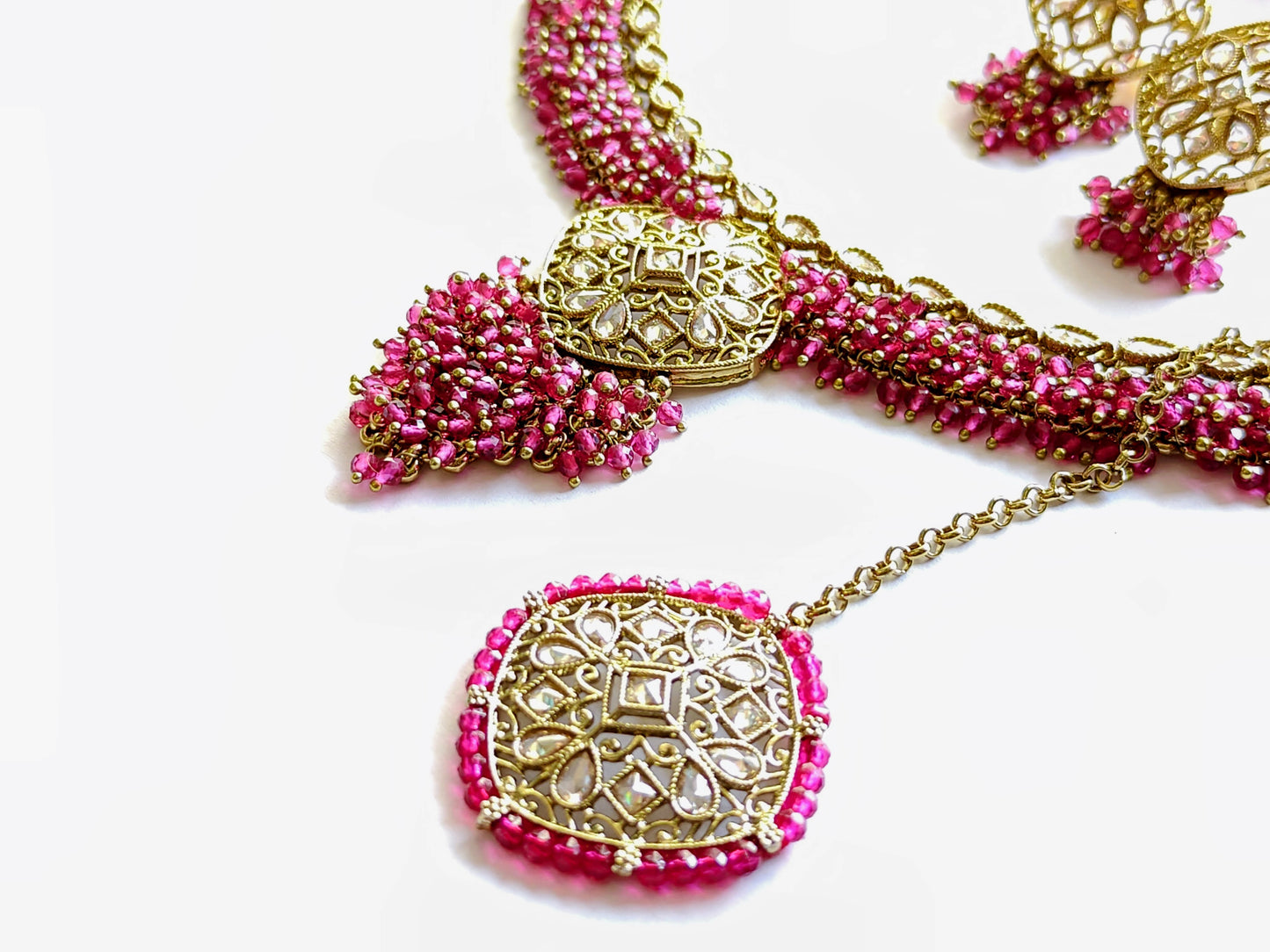 Premium Ruby Pink Polki Choker Set with Maang Tikka