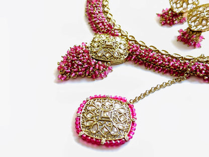 Premium Ruby Pink Polki Choker Set with Maang Tikka