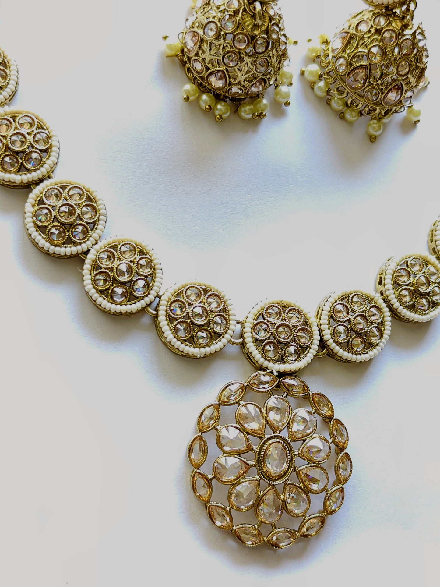 Traditional Kundan Polki Pearl Necklace Set with Jhumkas [Mehndi]