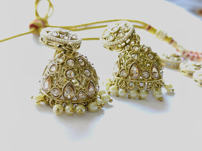 Traditional Kundan Polki Pearl Necklace Set with Jhumkas [Mehndi]