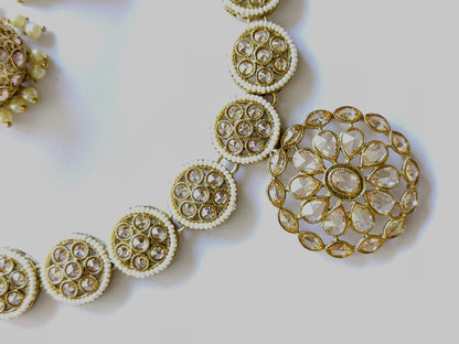 Traditional Kundan Polki Pearl Necklace Set with Jhumkas [Mehndi]